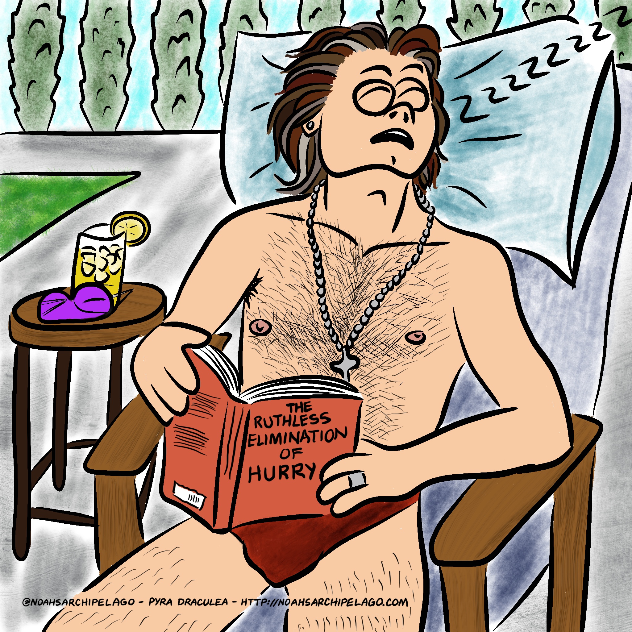 Noah is laying fast asleep on a lounge chair in his in-laws' back yard, wearing a red speedo,with a glass of lemonade and his shades on a table next to him, a pillow behind his head and a book in his hands. The title of the book is "The Ruthless Elimination of Hurry."