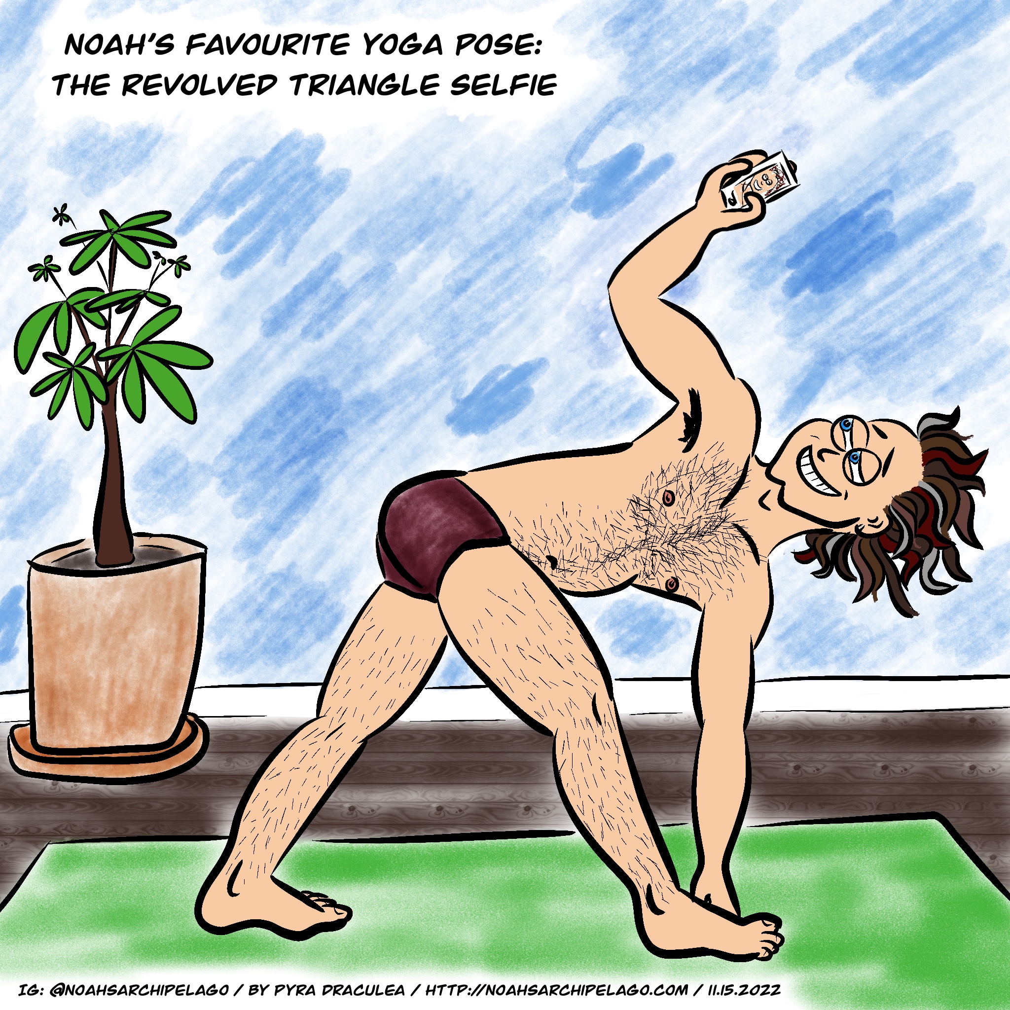 Noah is in the revolved triangle yoga pose while looking up at his phone and grinning. The caption: "Noah's Favorite Yoga Pose: The Revolved Triangle Selfie."