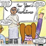 Ursula's teacher, Miss Fardemar, is standing in front of the class with "New Year's Resolutions" written on the board behind her. She asks, "So who has a New Year's resolution they'd like to share?" Ursula has her hand up and is waving it, and Miss Fardemar calls on her: "Ursula?" Ursula says, "Watch more cartoons and do less homework!" Miss Fardemar replies, "Well, you have to do the homework I assign." Ursula retorts, "Not if you make a resolution to stop assigning it."