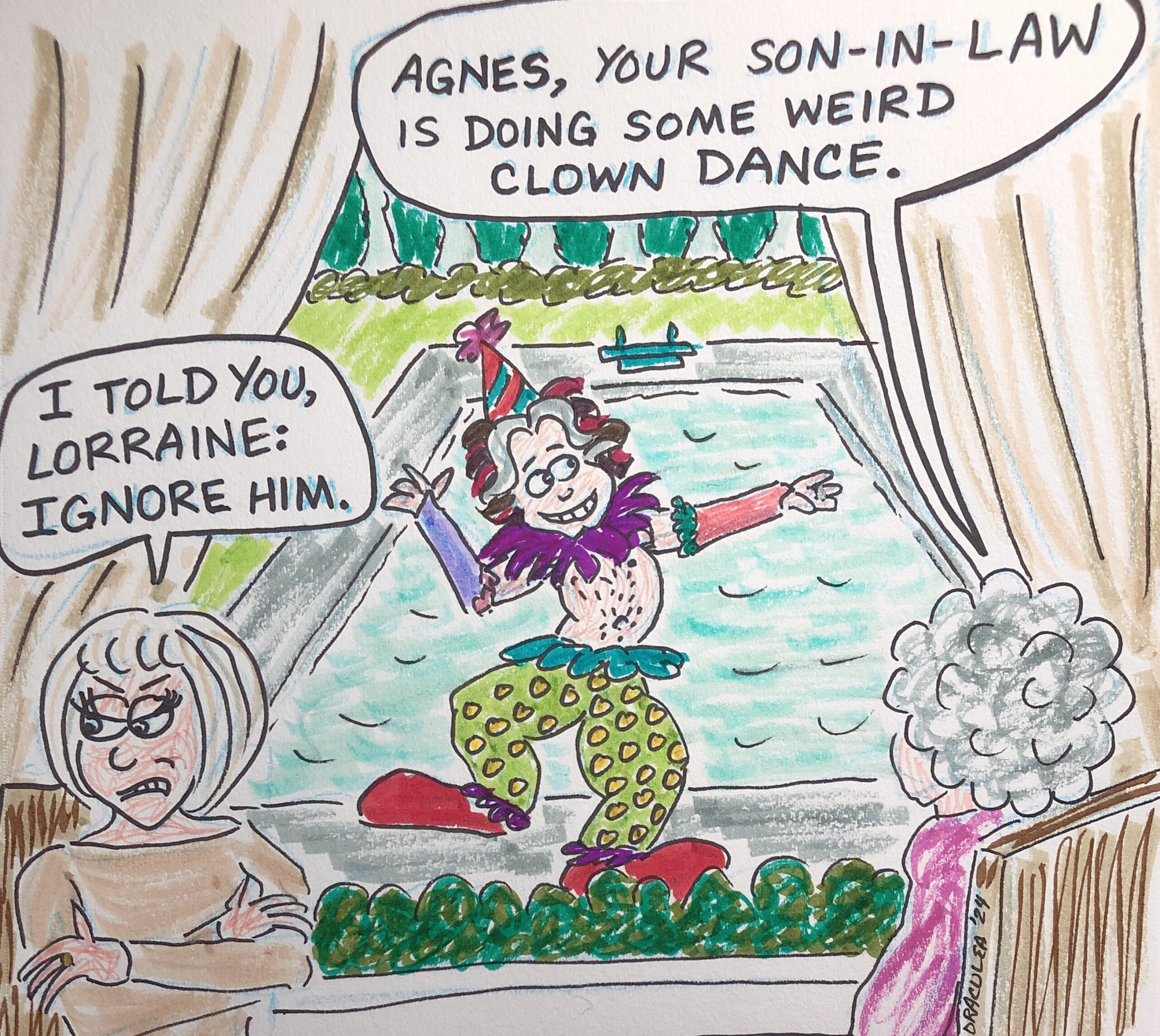 Noah dances in his clown costume as Agnes continues to try to ignore him.