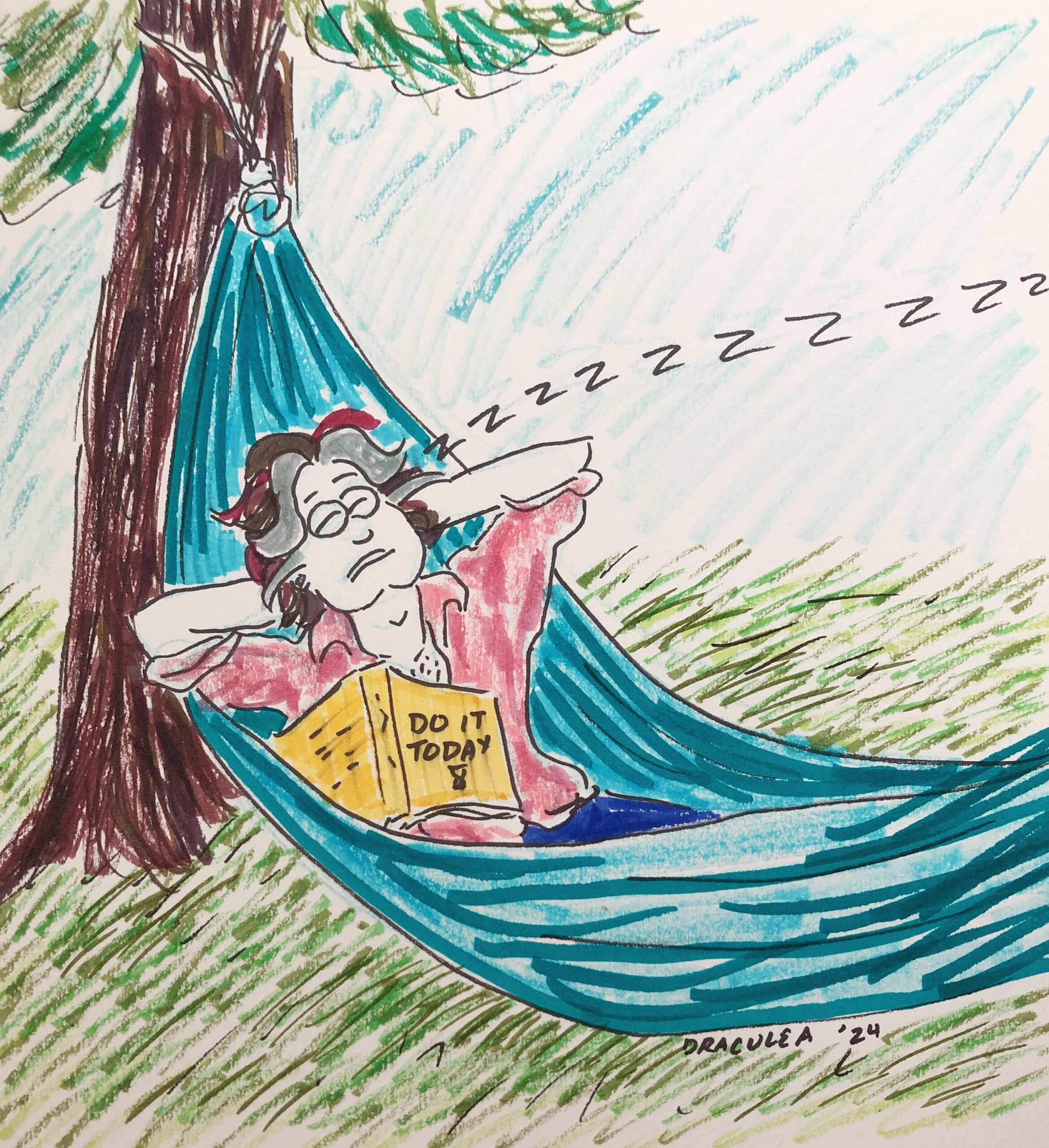 Noah naps in a hammock with the book "Do It Today" on his belly.