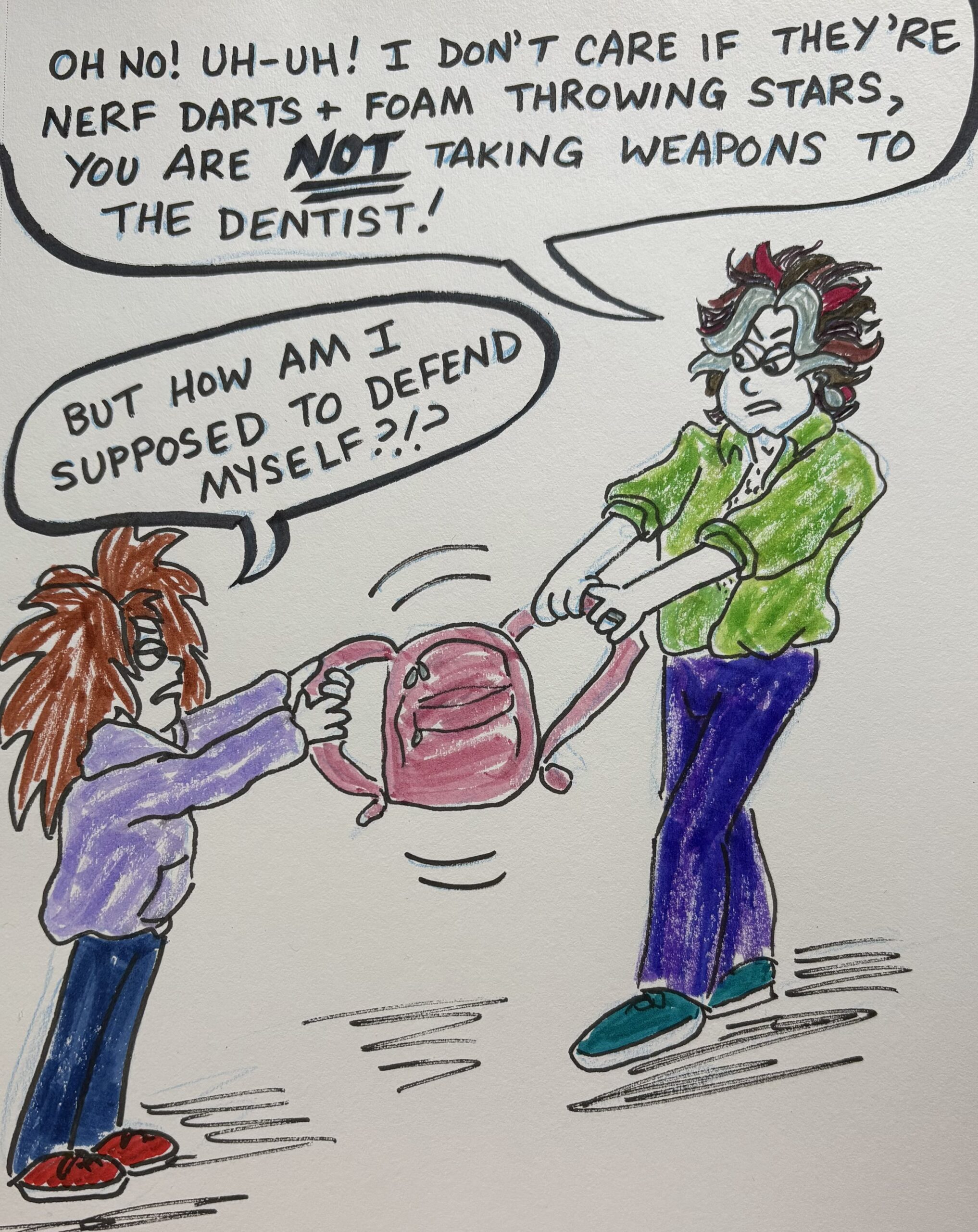 Noah and Ursula have a bug out bag tug-of-war.