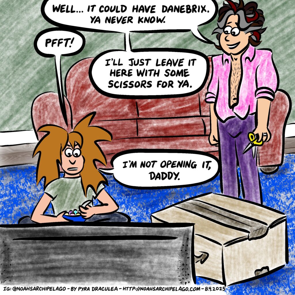 Noah thinks Ursula's curiosity will get the better of her if he leaves her alone with the box and scissors and false hope.