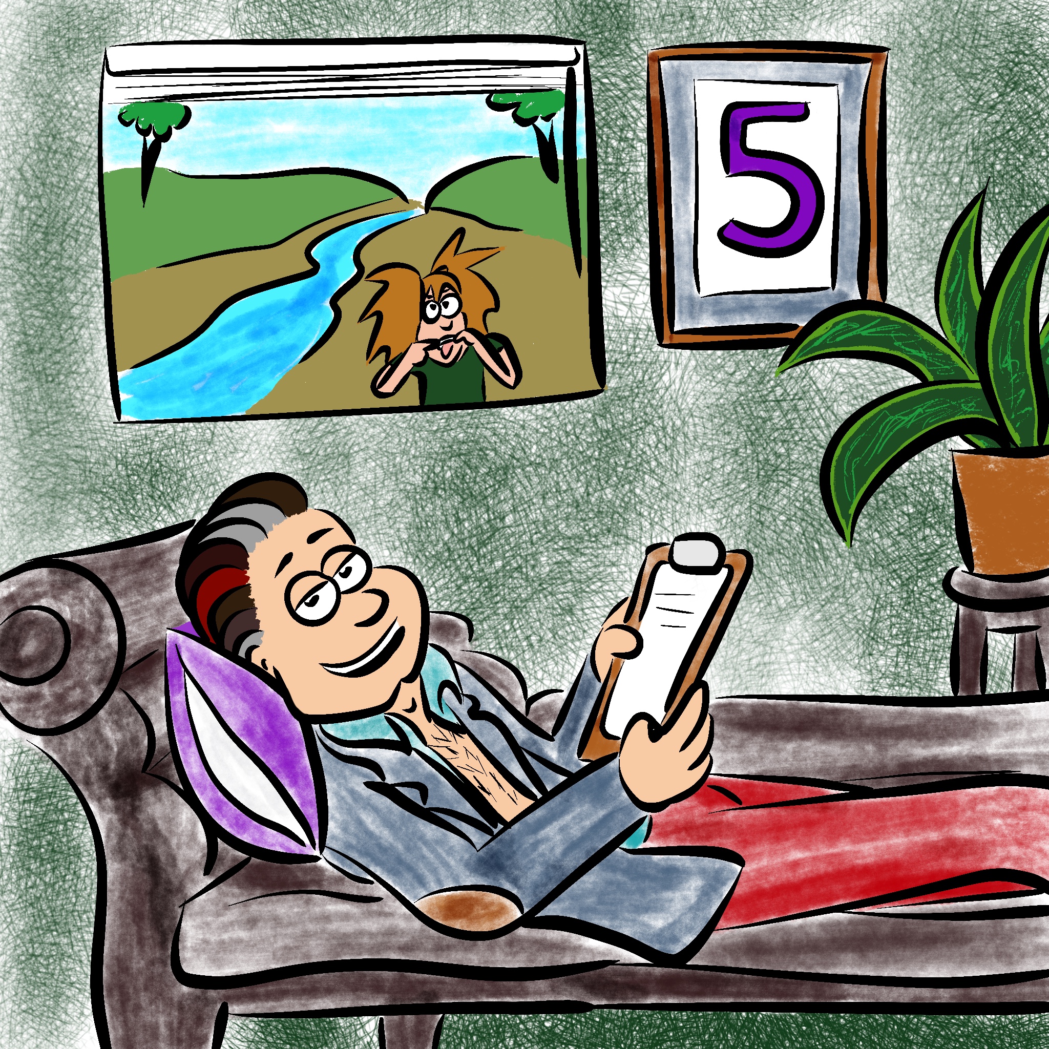 Noah lies on a leather sofa with a clipboard, pretending to be a psychiatrist. Meanwhile, his daughter Ursula makes faces at him through a window.